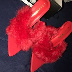 Trendy red fur heels